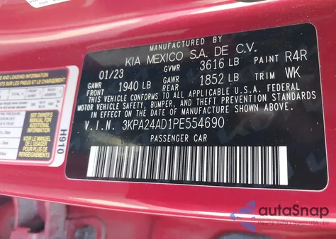 2023 Kia Rio S from USA, damaged, VIN 3KPA24AD1PE554690